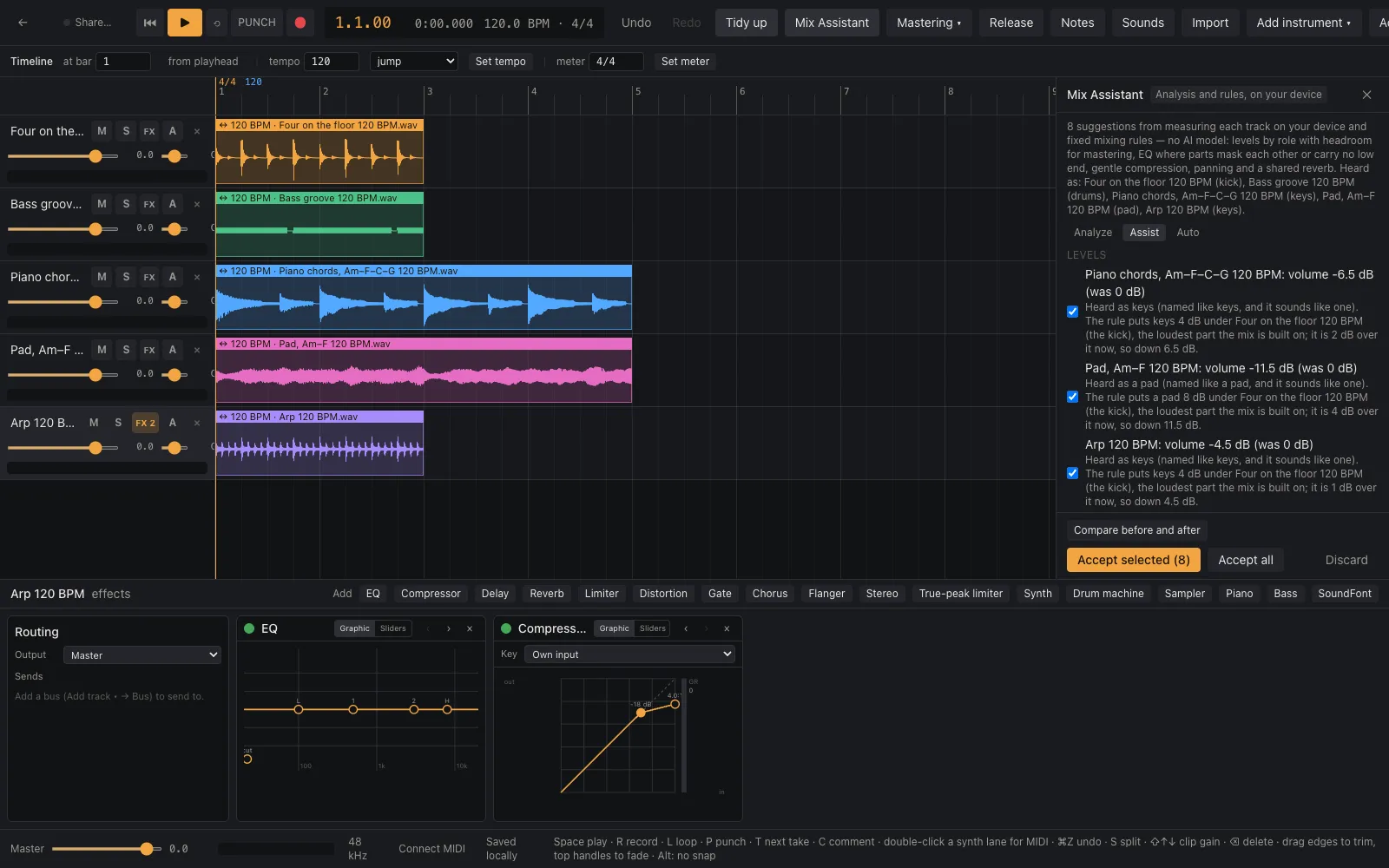 Fablesh Studio's Mix Assistant panel listing suggested level changes, each with the rule behind it, and buttons to compare, accept or discard