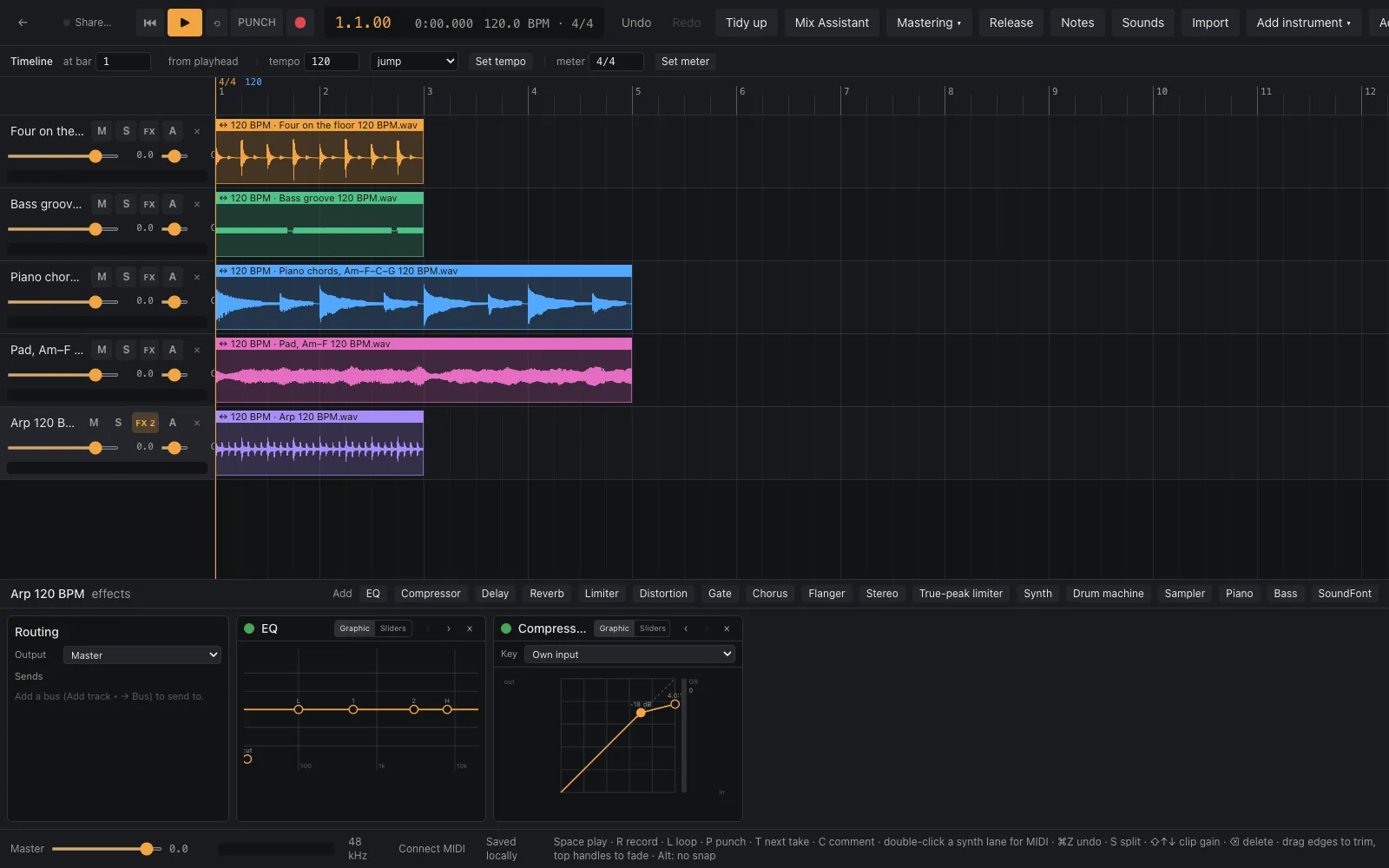 Fablesh Studio: five tracks of starter loops on the timeline, with an EQ and a compressor open in their graphical views